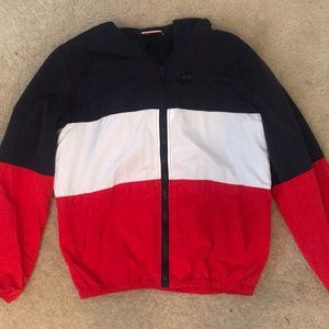 This is a red,white, and blue jacket from PacSun